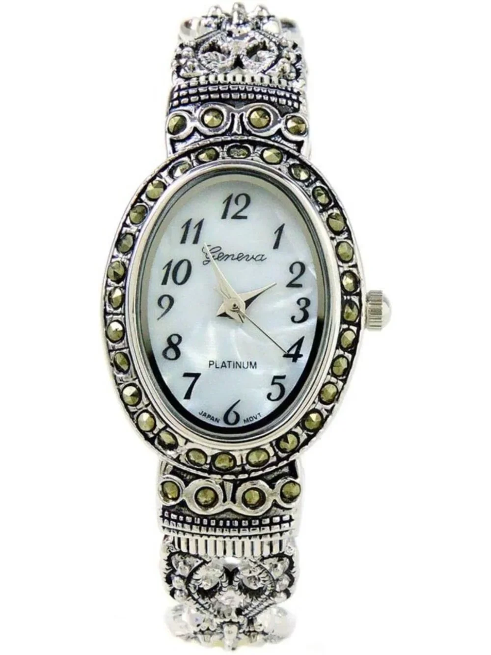 Vintage Silver Black Marcasite Crystal Women's Bangle Cuff Watch - Elegant Oval